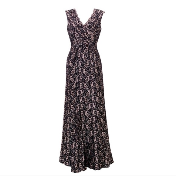Tahari Black full length sleeveless black blush lace‎ dress size 8 metallic - Picture 1 of 16